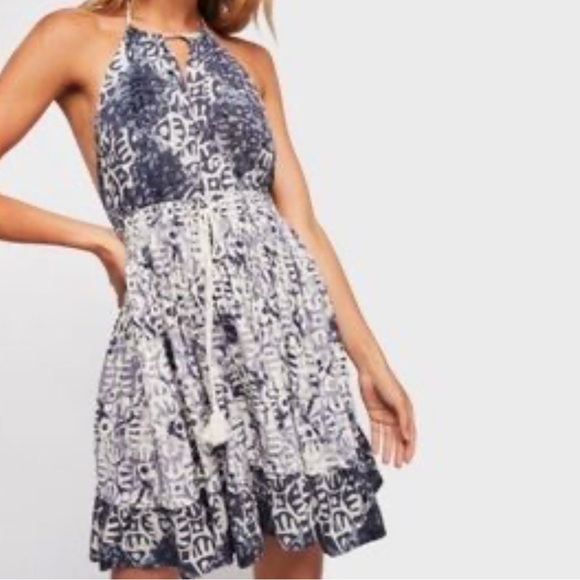 Free People Beach Day Mini Dress Halter Neck Blue  Print Size XS - Picture 1 of 6
